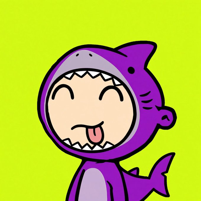 A simple cartoon of a smiling person in a purple shark costume sticks out their tongue against a bright yellow-green background.