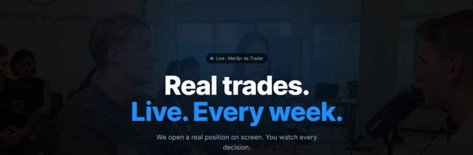 The image is a promotional banner for Merlijn's Trader Academy featuring the tagline "Real trades. Live. Every week." with a note that they open a real position on screen and viewers watch every decision, alongside a small badge reading "Live · Merlijn de Trader." The image supports the post's message by emphasizing the live, transparent trading experience promoted through the join link.