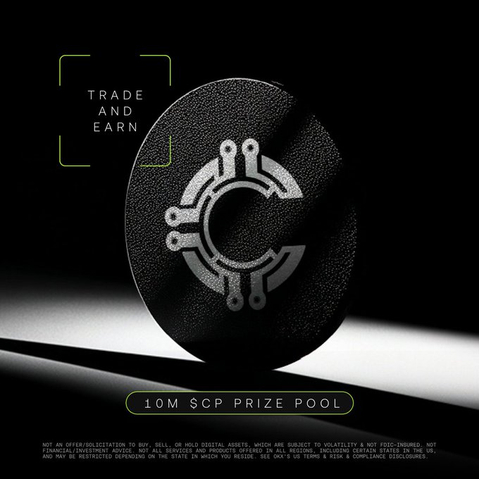 A sleek black coin featuring a circuit-like "CP" logo sits against a dark background, with "TRADE AND EARN" displayed above and "10M $CP PRIZE POOL" below in neon green accents—promoting OKX's spot market listing of CP token from Open Protocol Foundation and its trading competition with a 10 million token reward.