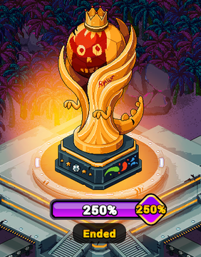 The image features a trophy with a gold base and a red face, sitting atop a pedestal. The trophy appears to be a golden crown or trophy, possibly representing an award or recognition for an event. The trophy is surrounded by palm trees, adding a tropical feel to the scene. In the background, there are rocks that further enhance the natural setting of the image. The post also mentions that the trophy was won at an event and includes details about the prizes and how they were awarded.