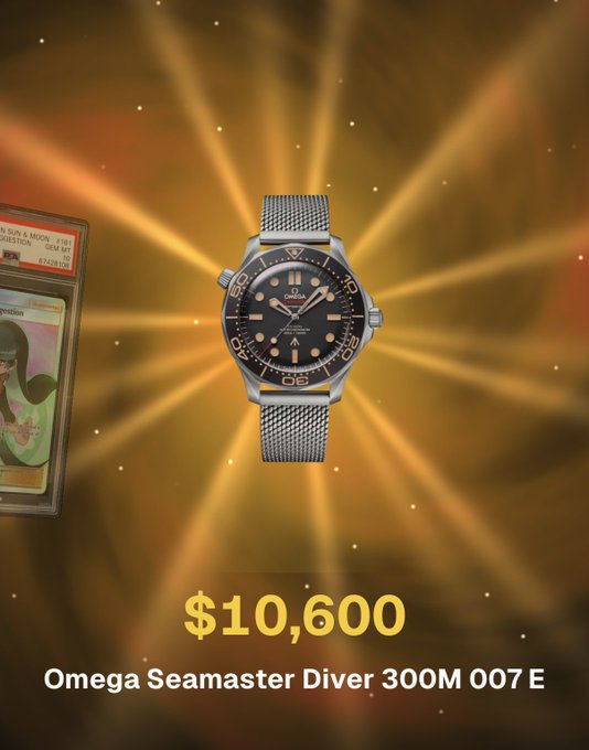 An Omega Seamaster Diver 300M 007 E watch on a mesh strap with a black bezel, displayed against a golden light burst background with a price tag of '$10,600' and a graded Pokemon card visible on the left.