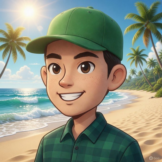 A cartoon-style illustration of a smiling young boy in a green cap and checkered shirt standing on a tropical beach.