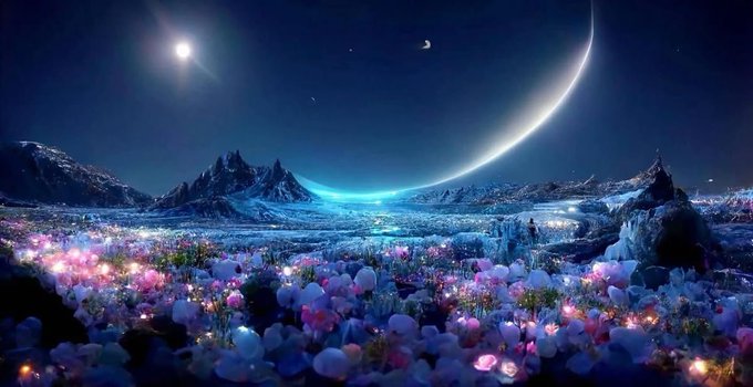 The image features a beautiful night scene with a large moon, stars, and a crescent moon above a field filled with flowers. The sky is dark blue, creating an enchanting atmosphere. In the background, there are mountains that add depth and grandeur to the landscape. The caption reads "What separates top earners from everyone else? They don’t just participate. They contribute. Every thoughtful post strengthens the network. Every insight creates value. Every interaction builds momentum". This image is related to the post because it showcases a serene, captivating night sky that can be compared to the importance of creating an engaging and valuable online presence through consistent and thoughtful content creation.