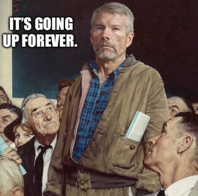 A meme featuring a photo of a stern-looking man in a brown jacket standing in a crowd, with white text overlay reading 'IT'S GOING UP FOREVER.'