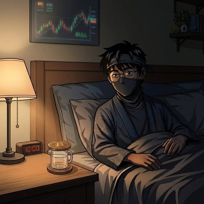 An anime-style illustration of a masked ninja character sitting in bed at night, with a BTC/ETH candlestick chart showing a 'BULL' trend displayed on the wall above.