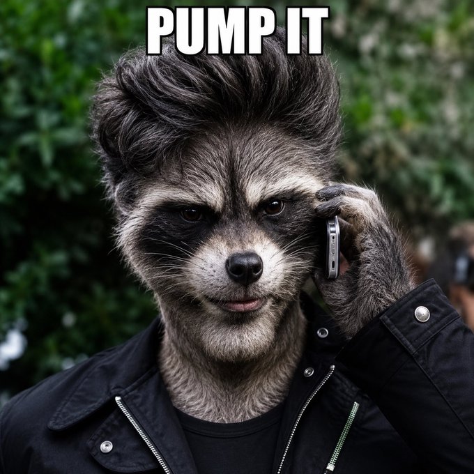 A humorous image showing a raccoon with styled hair wearing a black leather jacket, holding a phone to its ear, with the text 'PUMP IT' displayed at the top.