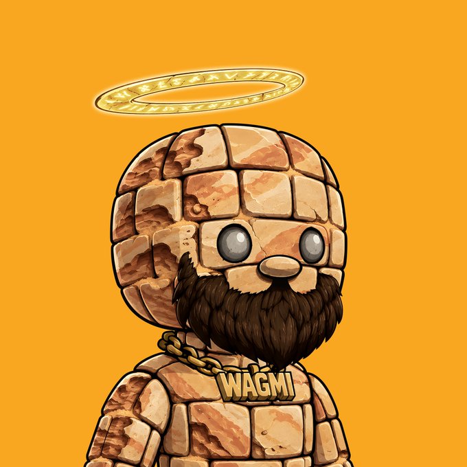 A stone-textured cartoon character with a brown beard and a golden halo wears a chunky gold "WAGMI" chain, fitting the post's hype about the Golemians NFT minting launch on OpenSea.