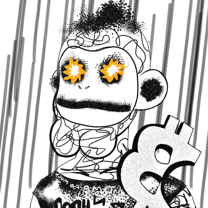 A black and white sketch of a character with star-shaped, glowing eyes holding a Bitcoin symbol, with graffiti-style text in the background.