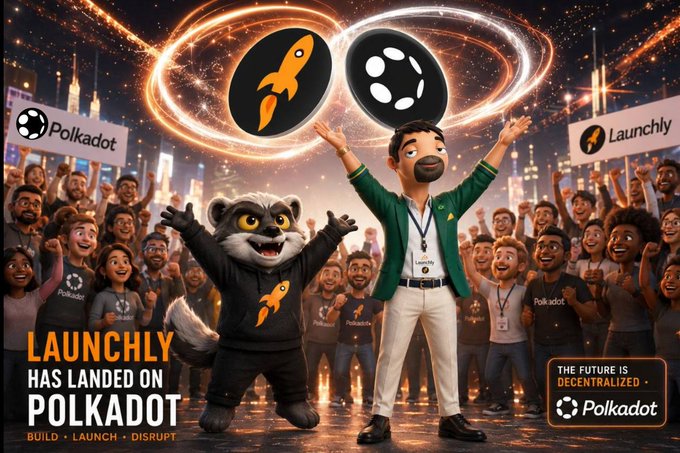 The image is a vibrant promotional graphic celebrating Launchly's arrival on the Polkadot blockchain, featuring a cheering animated man with arms raised, a cheerful lemur mascot, and an excited crowd of supporters wearing Polkadot and Launchly merchandise. Prominent text reads "LAUNCHLY HAS LANDED ON POLKADOT" and "BUILD • LAUNCH • DISRUPT," with the tagline "THE FUTURE IS DECENTRALIZED • Polkadot," visually capturing the excitement and community momentum described in the post.
