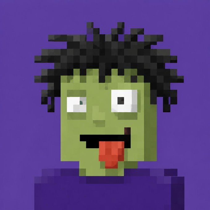 A pixel art illustration of a green zombie character with messy black hair, mismatched eyes, and a red tongue sticking out, set against a purple background, likely representing a memecoin avatar.