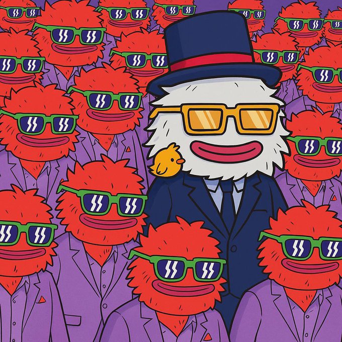 A distinguished, well-dressed white furry character wearing a top hat, gold-tinted sunglasses, and a suit with a small yellow chick on the shoulder stands out among a crowd of identical red furry figures wearing green sunglasses and purple suits, symbolizing $AVAX's unique edge driven by its dedicated community.