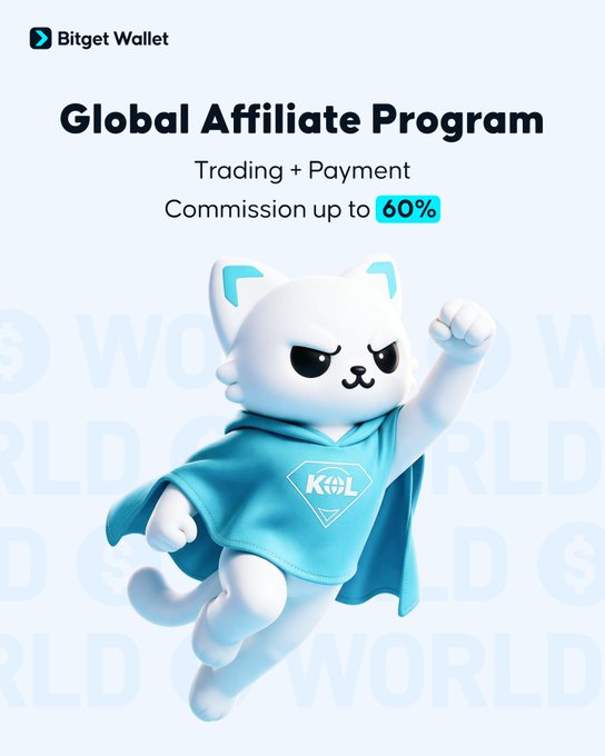 The image is a Bitget Wallet advertisement promoting their Global Affiliate Program, featuring commissions of up to 60% for Trading + Payment referrals, with a cartoon cat mascot labeled "KOL" wearing a blue cape. It complements the post's call to apply for the remaining 200 affiliate slots before the September launch, specifically seeking affiliates who manage crypto communities and content channels.