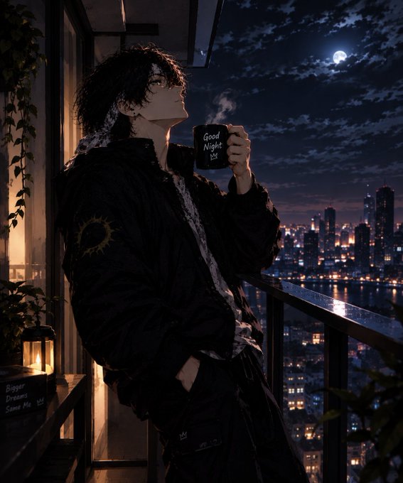 An anime-style illustration of a man with messy dark hair wearing a black fur-trimmed coat, holding a mug that says 'Good Night' while standing on a balcony overlooking a city at night.