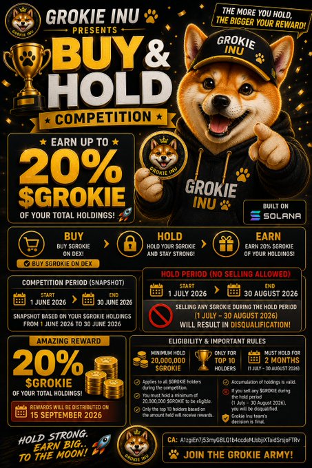 The image features a brown and white dog wearing a hat, holding up a sign that says "buy & hold" with its paw raised. The background of the image is black, which contrasts with the dog's fur color. Below the dog, there are two posts on social media platforms, one for each day of the week: Monday, Wednesday, and Friday. These posts contain information about the rewards offered by the "buy & hold" campaign.