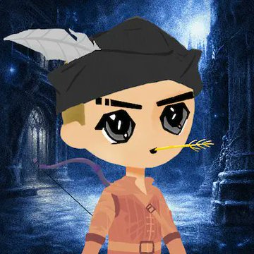 A cartoon-style avatar with a feathered cap, holding a golden arrow in its mouth, is set against a moonlit castle backdrop—visually matching the "Robinhood" chain reference in the giveaway announcement for 3 GTD spots of the @robilllio NFT collection.