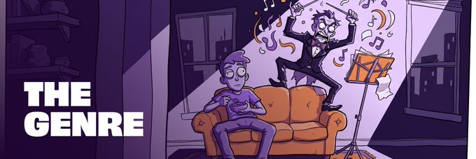 A cartoon illustration labeled 'THE GENRE' depicts a person gaming on a couch while a Joker-like character dances with confetti in the background.