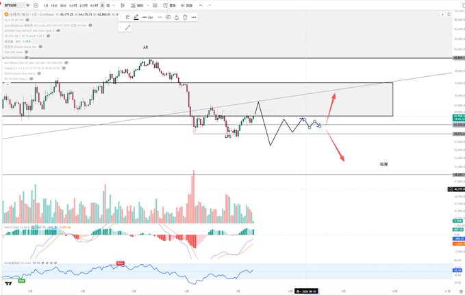 A BTC/USD trading chart on TradingView showing Bitcoin price around $45,175, with red arrows indicating a potential short (short) trade setup and Chinese annotations including '做多' (long) and '做空' (short), along with MACD and RSI indicators.