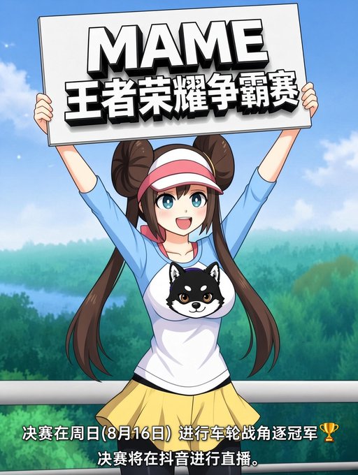 An anime-style promotional image features a girl with twin buns holding a sign that reads 'MAME 王者荣耀争霸赛', with text below announcing the finals will be held on Sunday (August 16th) and livestreamed on Douyin.
