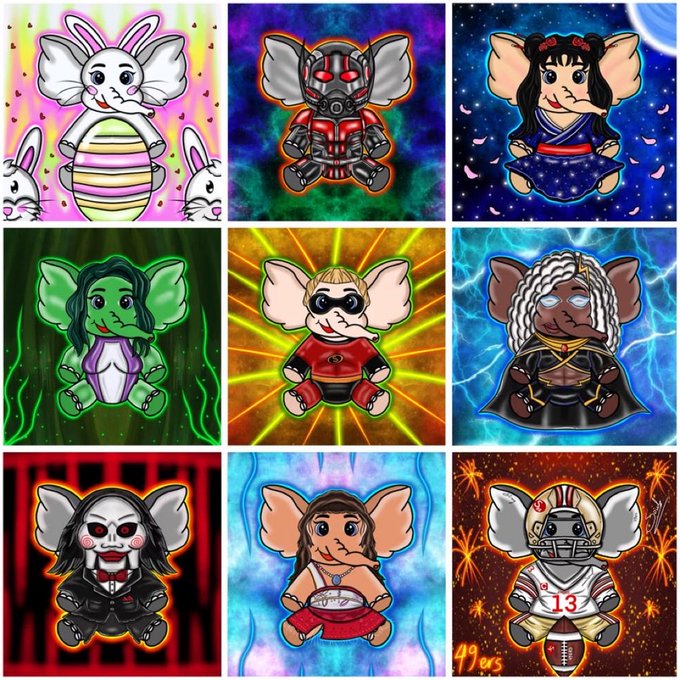 A 3x3 grid of nine cartoon elephant illustrations, each featuring the same elephant in different costumes and themed backgrounds, including Ant-Man, a geisha, She-Hulk, Incognito from The Incredibles, Storm from X-Men, and a football player.