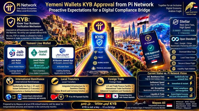 Infographic about "Yemeni Wallets KYB Approval from Pi Network," detailing compliance, international remittance, and local transfers.