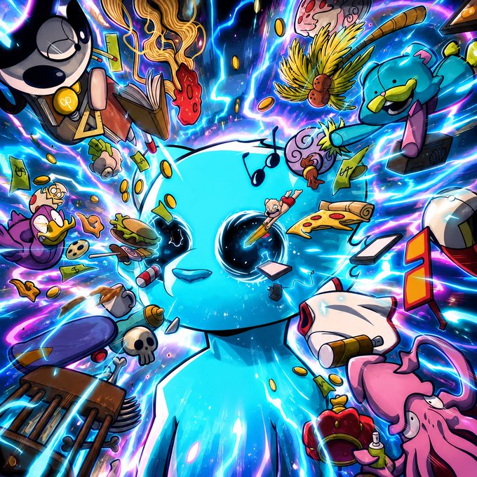 A chaotic, vibrant illustration featuring a blue creature's head as a black hole, surrounded by an explosion of cartoonish objects, characters, and energy lines.