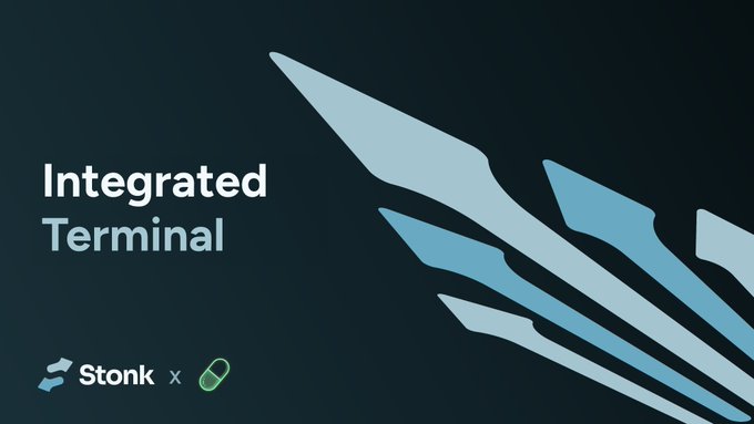 The image is a promotional graphic with a dark blue background featuring the text "Integrated Terminal" alongside the Stonk logo and a green pill-shaped icon, with stylized light blue paper airplane graphics on the right. The design visually supports the announcement of StonkFun's integration with TradingTerminal, emphasizing the seamless extension of custom pairings and RWA trading capabilities onto the platform.