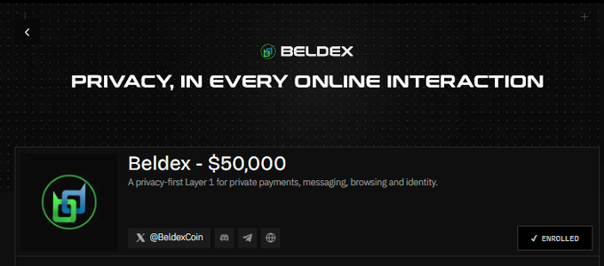 A dark-themed promotional banner for 'BELDEX' with the tagline 'PRIVACY, IN EVERY ONLINE INTERACTION,' showing a $50,000 reward status marked as 'ENROLLED.'