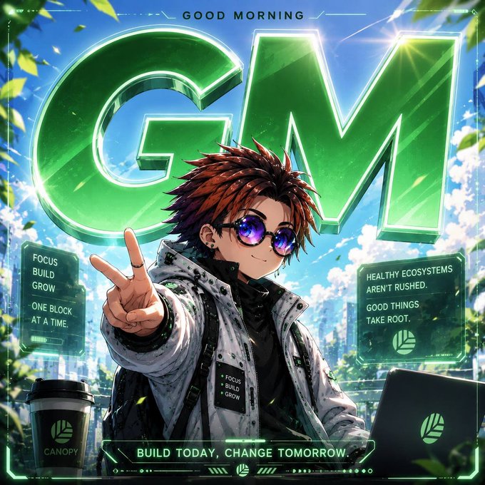 Anime-style illustration featuring a character with sunglasses making a peace sign in front of large green letters spelling "GM" with text reading "GOOD MORNING," "FOCUS BUILD GROW," "HEALTHY ECOSYSTEMS AREN'T RUSHED. GOOD THINGS TAKE ROOT." and "BUILD TODAY, CHANGE TOMORROW."