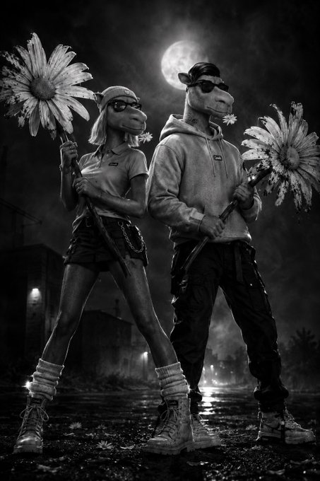 A black and white illustration of two humanoid dinosaur characters in streetwear holding large daisy flowers, standing in a foggy nighttime cityscape under a full moon.