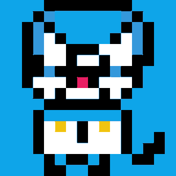 Pixel art illustration of a stylized cat character with blue and white coloring and yellow eyes against a blue background.
