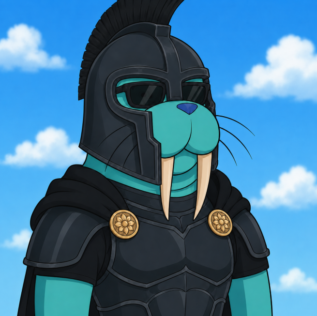 A digital illustration of a turquoise-skinned anthropomorphic character wearing dark Spartan-style armor, a plumed helmet, and sunglasses against a blue sky background.