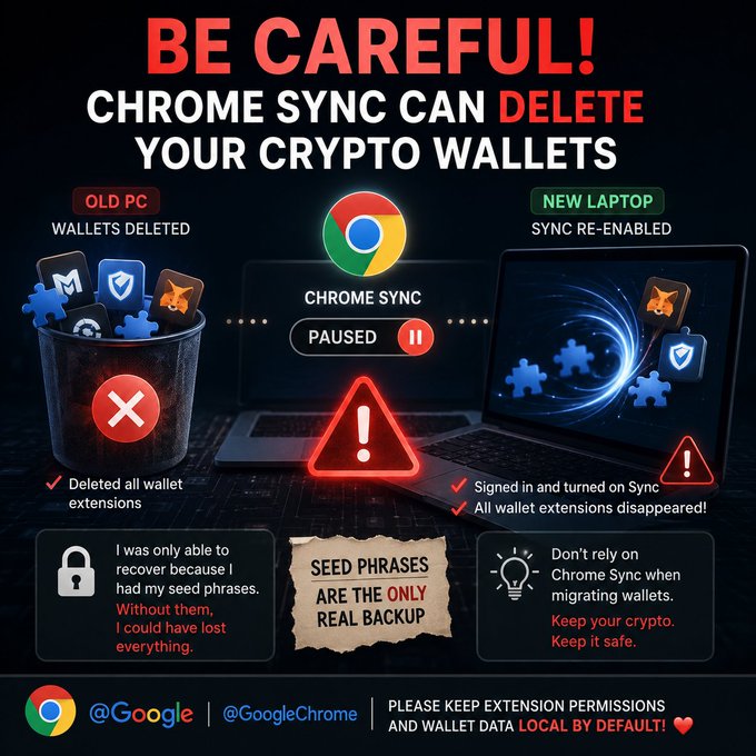 A warning infographic states 'BE CAREFUL! CHROME SYNC CAN DELETE YOUR CRYPTO WALLETS', illustrating that wallet extensions were deleted from an old PC and re-enabled on a new laptop, advising users to rely on seed phrases and keep wallet data local.