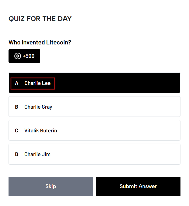 A multiple-choice quiz asking "Who invented Litecoin?" with option A "Charlie Lee" selected and highlighted in red, worth +500 points, with Skip and Submit Answer buttons at the bottom, illustrating one of the daily quizzes available on AURA Protocol's Incentivized Testnet to earn points.
