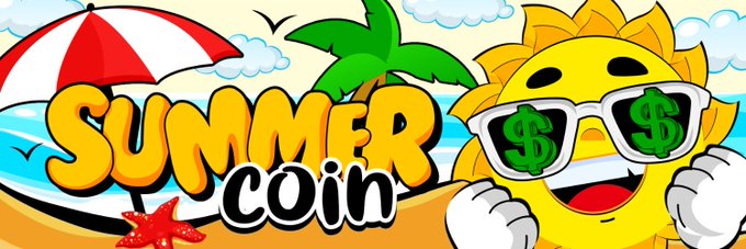 A cartoon sun with dollar sign sunglasses grins next to a beach scene featuring the text "SUMMER COIN." The vibrant summery imagery matches the post announcing that the $SUMMER token presale by @summertokensol is starting in one hour, reinforcing the coin's fun, beach-themed branding.