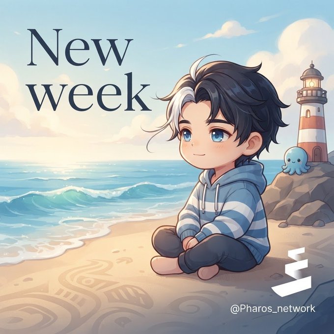 An anime-style illustration featuring a chibi character with black hair streaked with white sitting on a beach with ocean waves, a lighthouse, and a small octopus character in the background, with the text 'New week' and the Pharos Network logo/@Pharos_network.