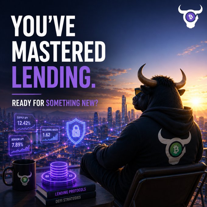 Crypto promotional graphic showing a bull mascot overlooking a city skyline at sunset, with text 'YOU'VE MASTERED LENDING. READY FOR SOMETHING NEW?' and stats like 'SUPPLY APY 12.42%'.