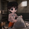 The image shows a chibi-style cartoon character in a prison cell holding a sack, seemingly part of an NFT collection called "Hood Homies," which the post references as a new mint available with WL mint live and public mint coming soon.