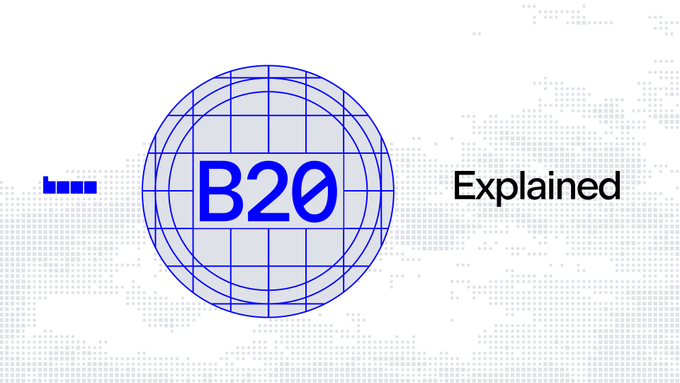 A digital graphic features a blue wireframe globe with 'B20' written across the center, accompanied by the word 'Explained' on a white background with a dotted world map pattern.