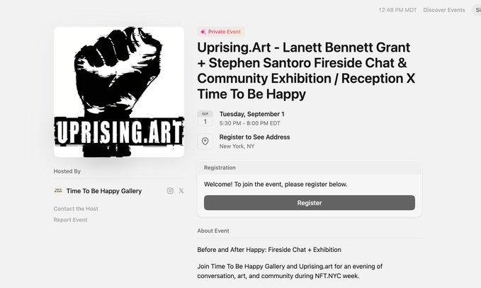 Event registration page for "Uprising.Art - Lanett Bennett Grant + Stephen Santoro Fireside Chat & Community Exhibition | Reception X Time To Be Happy" on Tuesday, September 1 from 5:30 PM - 8:00 PM EDT in New York, NY, hosted by Time To Be Happy Gallery, featuring the Uprising.Art fist logo and a Register button for the NFT NYC week event.