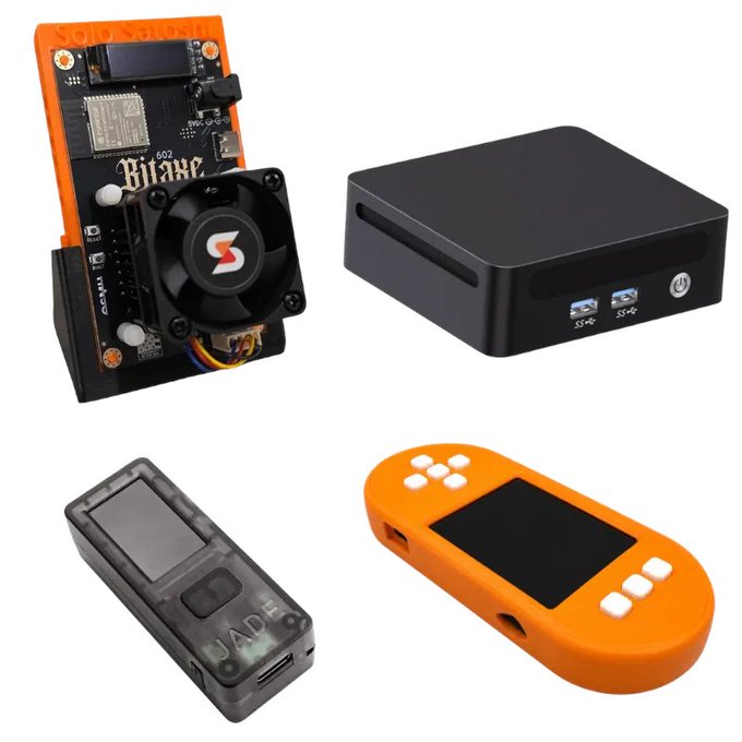 The image displays a Bitcoin hardware starter kit featuring a custom PCB with a "Bitaxe" logo and cooling fan, a black mini PC case with USB ports, a "JADE" hardware wallet, and an orange handheld gaming-style device. These components collectively represent the "Sovereign Bitcoin Starter Package," which now includes the "SeedSigner+" as a signing device option for users to secure their Bitcoin transactions.