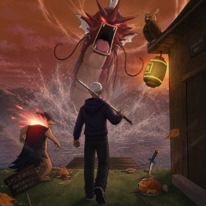 A dramatic fantasy illustration featuring a white-haired character with a sword facing a massive red Gyarados-like creature emerging from stormy waters, accompanied by a zombie-like figure and an owl in the foreground.