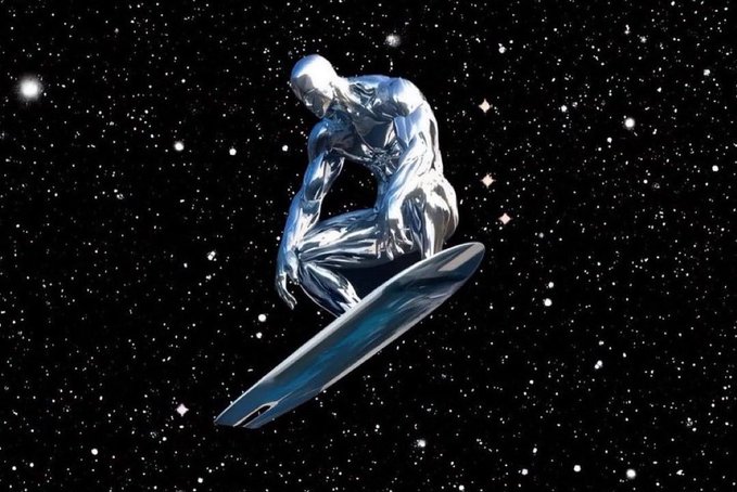 A silver humanoid figure rides a sleek surfboard through a starry black space environment.