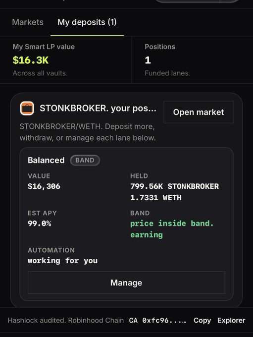 A dark-themed crypto dashboard displays a "My deposits" tab showing $16.3K total Smart LP value across 1 position in the STONKBROKER/WETH Balanced lane, with 799.56K STONKBROKER and 1.7331 WETH held at 99.0% estimated APY. The screenshot illustrates the user's first experience with Smart LP Volatility Farming on stonkbrokers.cash, showing the platform's interface for managing a STONKBROKER/WETH liquidity position with automation working for them.