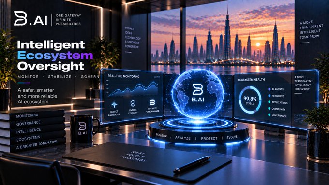 A futuristic promotional image for 'B.AI - Intelligent Ecosystem Oversight,' showing glowing holographic dashboards with 'REAL-TIME MONITORING' and 'ECOSYSTEM HEALTH 99.8% STABLE,' set against a sunset cityscape.