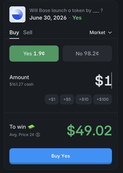 The image shows a cell phone screen displaying information about an investment opportunity, specifically related to cryptocurrency trading. The screen has a green "Yes" button next to a text box that reads "Will $BASE Launch A token by June 30, 2026? Yes". There is also a price chart showing the current value of the token and its potential returns. The image includes a link to the Polymarket app, which could be used for trading purposes.