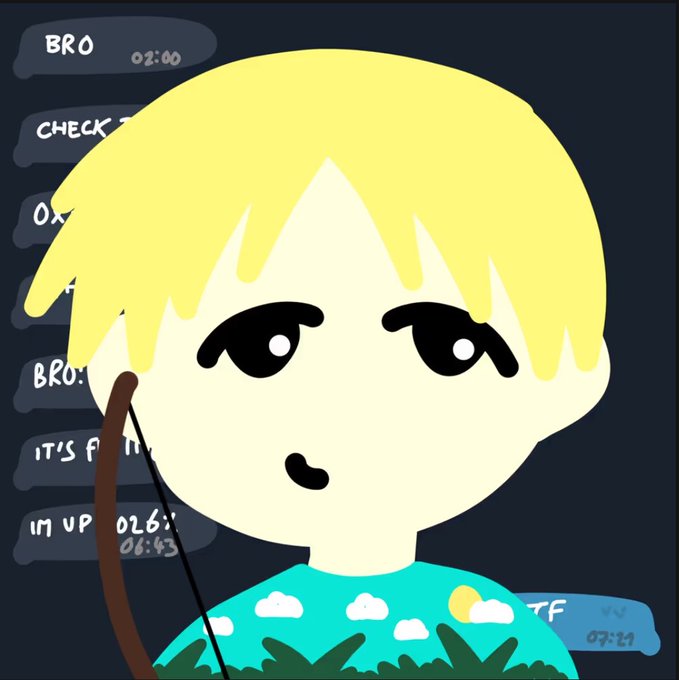 A cartoon figure with blonde hair and a sky-and-clouds patterned shirt sits in front of a chat log showing messages like "BRO," "CHECK," and "I'M UP" with timestamps from 2:00 to 09:21, while holding what appears to be a stick. The image complements the post's message about Web3 being a popularity contest by depicting a lone creator content in their own corner, mocking the "clowns" who rely on cabals and shortcuts rather than building independently.