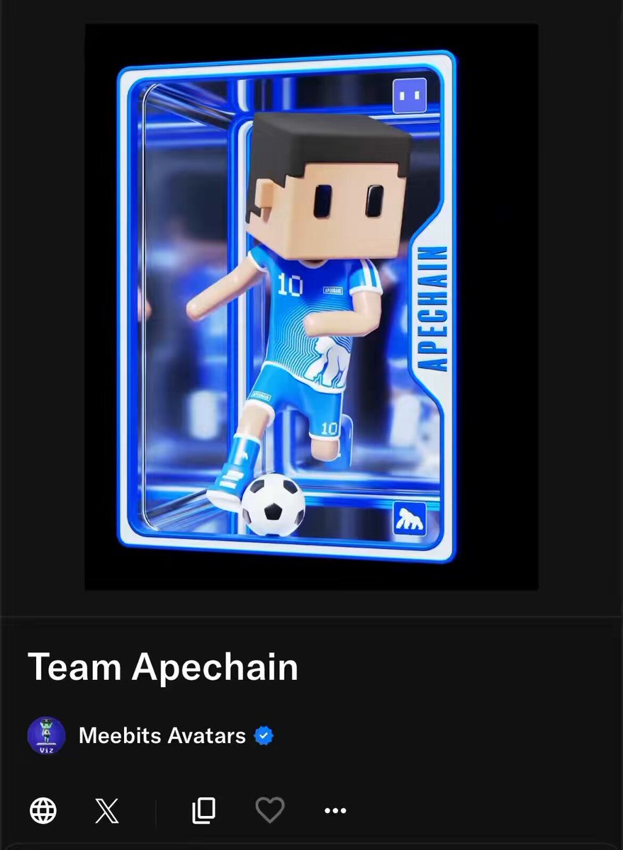 The image features a small, blue-skinned character from the video game team apexchain. The character is shown kicking a soccer ball with their foot while wearing a blue uniform. The character's position is slightly off-center to the left of the frame. The background of the image is black and has a neon glow effect on it, making the character stand out even more. The post includes text that reads "Team apexchain Woaaaa look what I've pulled from @MeebitsNFTs cards @sergitosergito with the IRL packs @OthersideMeta Avatars Look super cool experience @sergitosergito with the IRL packs @OthersideMeta Avatars".