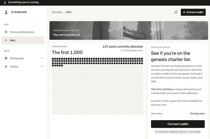 A webpage for 'STANDARD' showing the Mint section with '125 spots currently allocated' out of 1,000 possible mints for the upcoming 'first 1,000' launch, featuring a Genesis Bank Charter notice and whitelist check option to connect a wallet.