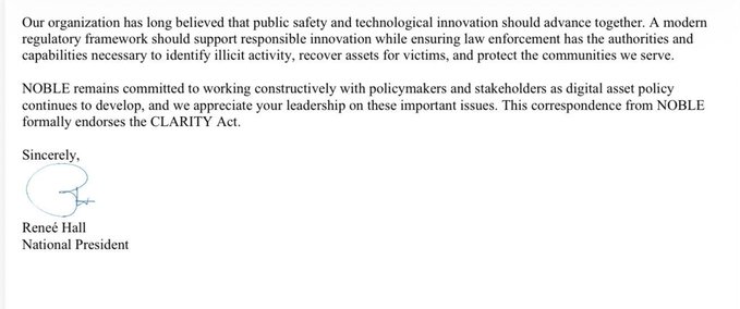 This image shows a letter from NOBLE, signed by National President Reneé Hall, formally endorsing the CLARITY Act. This endorsement is significant as it supports the narrative that clear rules for crypto mean clear rules for $XRP.