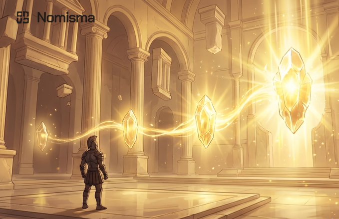 A knight in armor stands in a grand hall watching a glowing chain of crystals activate, symbolizing each stage of a node's journey, with the text "Nomisma" displayed in the top-left corner. The imagery mirrors the post's description of Nomisma Network's Core Node status system, where each crystal represents a phase like Active or On Hold lighting up in sequence.